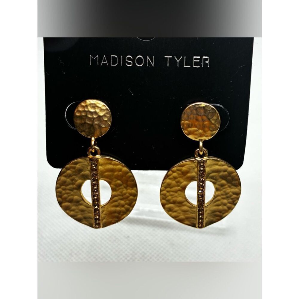 3For$20 Madison Gold Textured Circle Drop Earrings with Rhinestone Bar